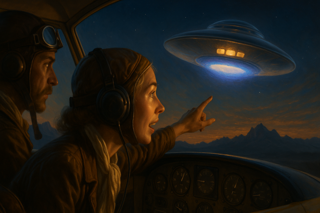 Image illustrative générée par IA : Elizabeth et son mari observent un disque volant pendant leur vol en DH Leopard Moth, en 1937.
