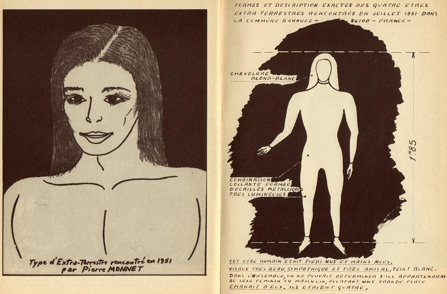 Dessins extraits du livre de Pierre Monnet "Les extraterrestres l'ont dit" montrant l'apparence détaillée et globale des êtres de Silxtra / Véga de la Lyre qu'il a rencontrés.