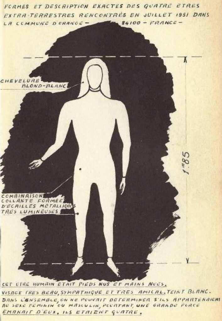 Aspect général des extraterrestres de Silxtra / Véga de la Lyre rencontrés par Pierre Monnet lors de son contact de 1951. Dessin provenant de son livre "Les extraterrestres m'ont dit".