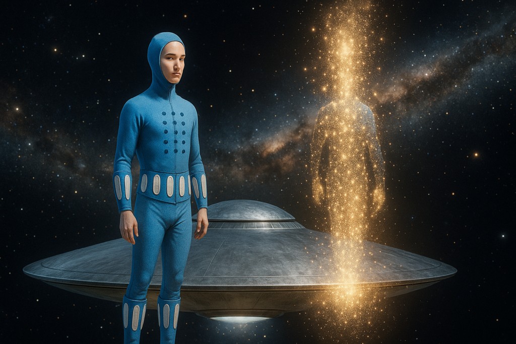 Illustration par IA. Les êtres de Apu peuvent voyager en mode dématérialisé par désintégration et réintégration de la matière si besoin, ou utiliser leurs vaisseaux voyageant à  des milliers de fois la vitesse de la lumière ou plus.