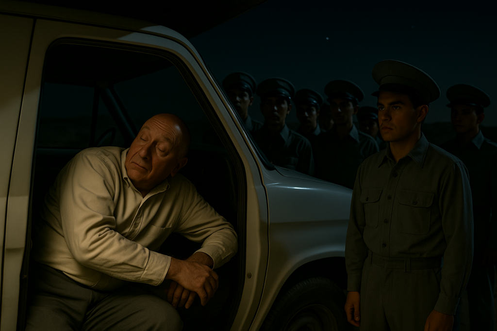 Illustration fictive par IA : Bethurum se réveille dans son camion où il dormait, à cause des marmonnements d'une dizaine d'hommes en vêtements uniformes, basanés et bruns de petite taille.