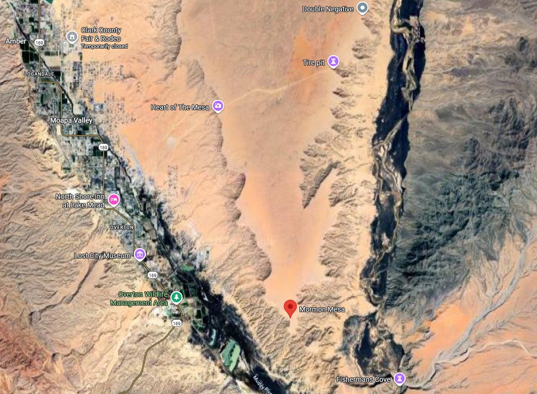 Localisation de Mormon Mesa, Nevada, USA où eurent lieu presque toutes les rencontres de Truman Bethurum avec le vaisseau de Clarion et sa Capitaine.