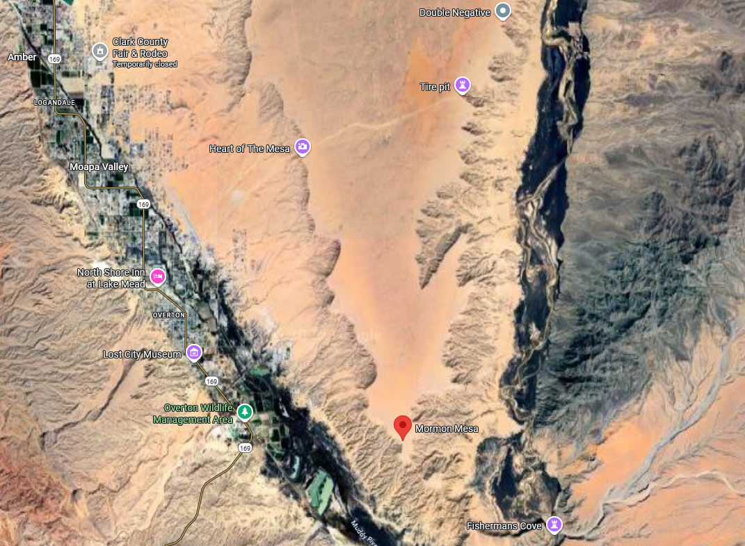 Localisation de Mormon Mesa, Nevada, USA où eurent lieu presque toutes les rencontres de Truman Bethurum avec le vaisseau de Clarion et sa Capitaine.