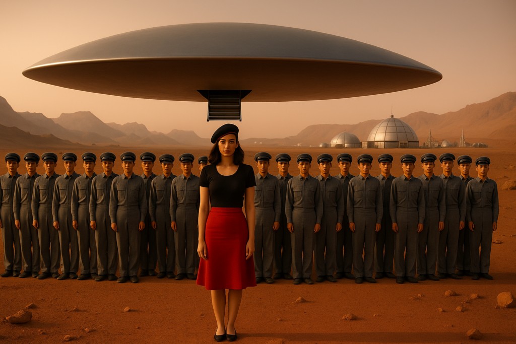 Illustration fictive par IA : Aura Rhanes et son équipage de 32 hommes transitent par Mars avant de venir sur Terre.