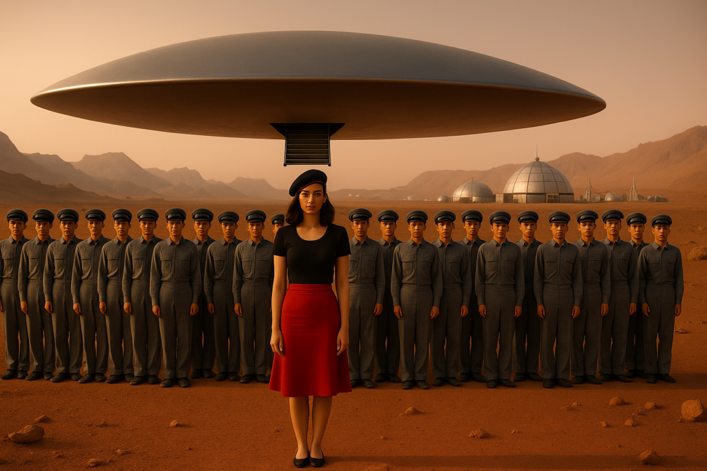 Illustration fictive par IA : Aura Rhanes et son équipage de 32 hommes transitent par Mars avant de venir sur Terre.