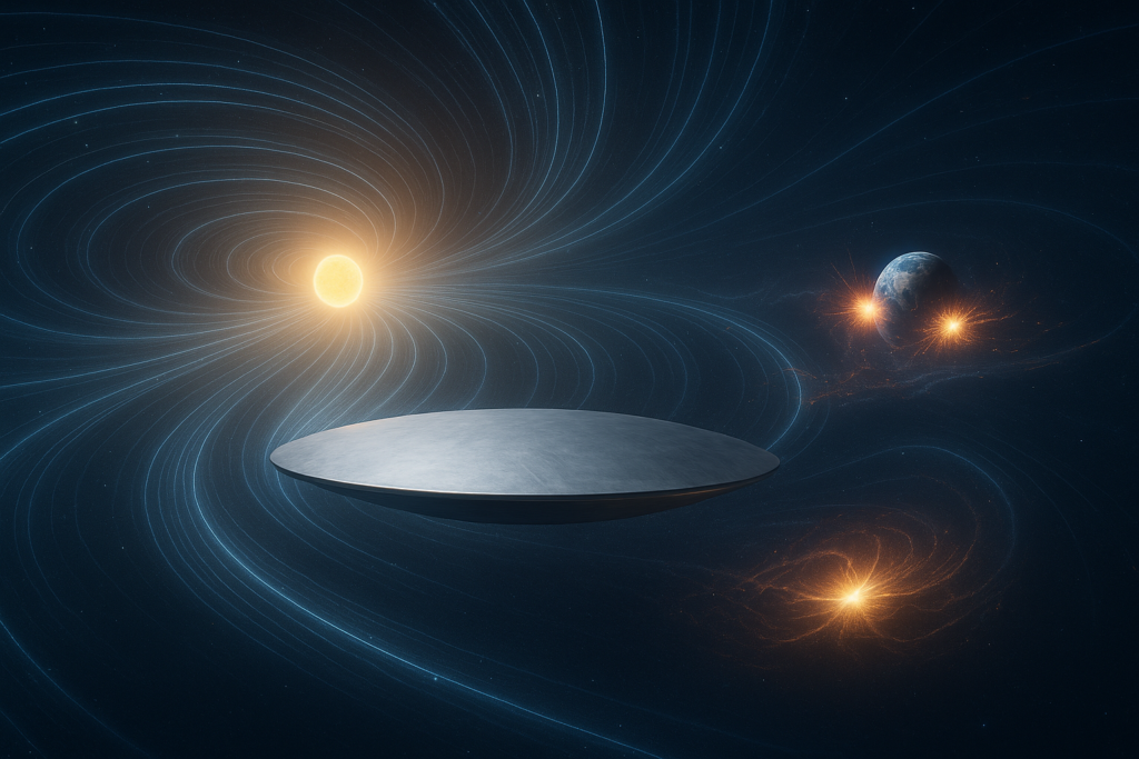Illustration fictive par IA : les vaisseaux de Clarion utilisent les chemins magnétiques de notre système en forme de vortex générés par le Soleil. Mais les bombes nucléaires explosant sur Terre peuvent altérer ce vortex magnétique, et perturber les déplacements de leurs vaisseaux.