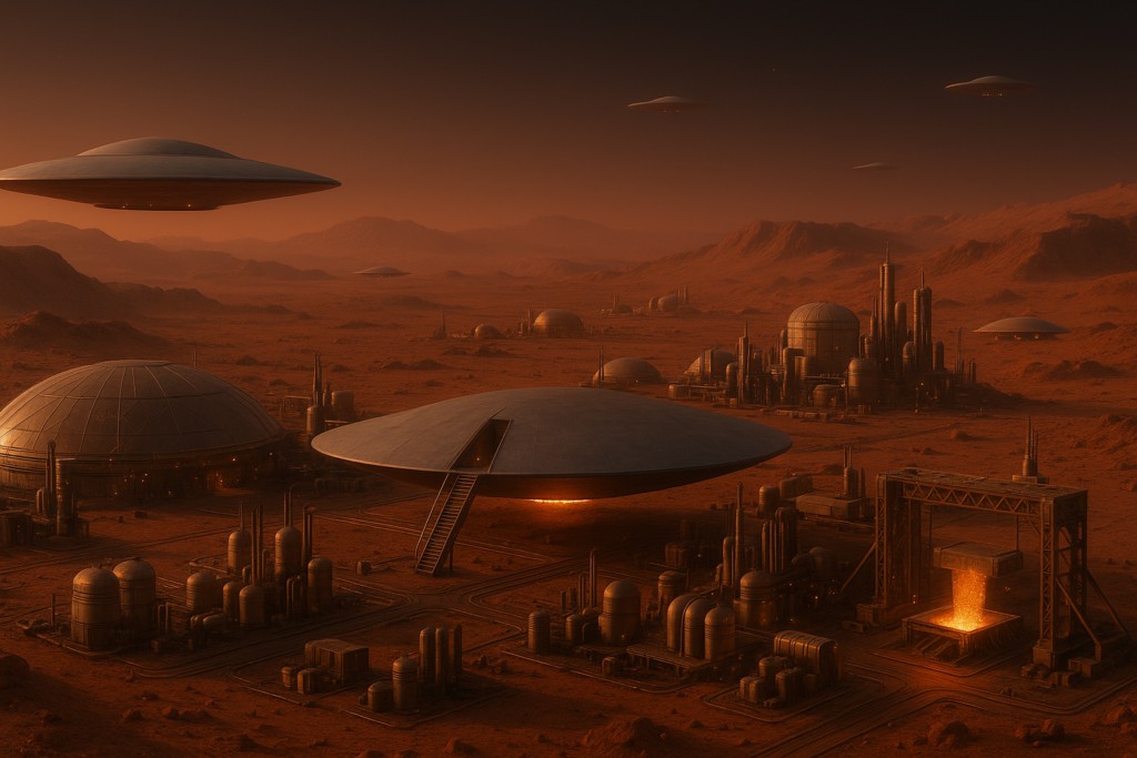 Illustration fictive par IA : Aura Rhanes a expliqué à Bethurum que Mars est une planète avec des bases industrielles qui fabriquent des éléments métalliques pour les vaisseaux des mondes de notre système, qui sont tous alliés et en entente entre eux.