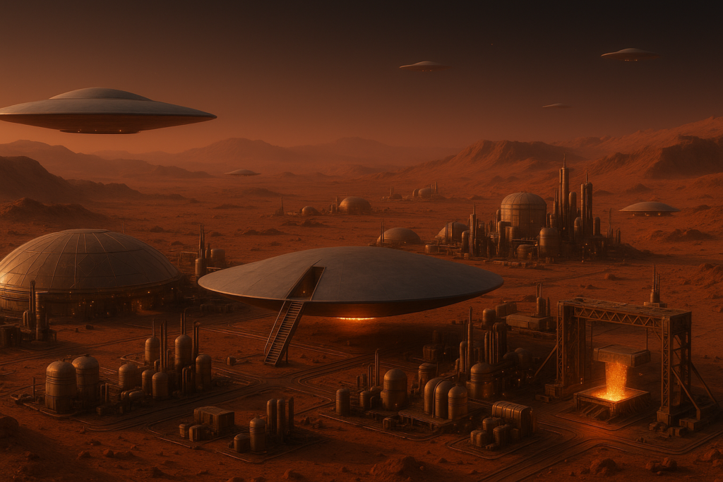 Illustration fictive par IA : Aura Rhanes a expliqué à Bethurum que Mars est une planète avec des bases industrielles qui fabriquent des éléments métalliques pour les vaisseaux des mondes de notre système, qui sont tous alliés et en entente entre eux.