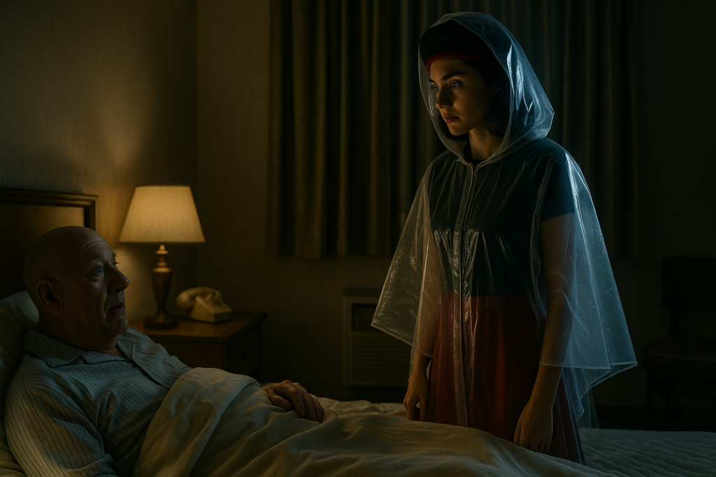 Illustration fictive par IA : Aura Rhanes apparaît à Truman Bethurum, la nuit dans la chambre d'hôtel où il résidait. Elle a un vêtement impeérmable transparent de pluie par-dessus ses vêtements habituels. Il est paralysé dans son lit et écoute son message.