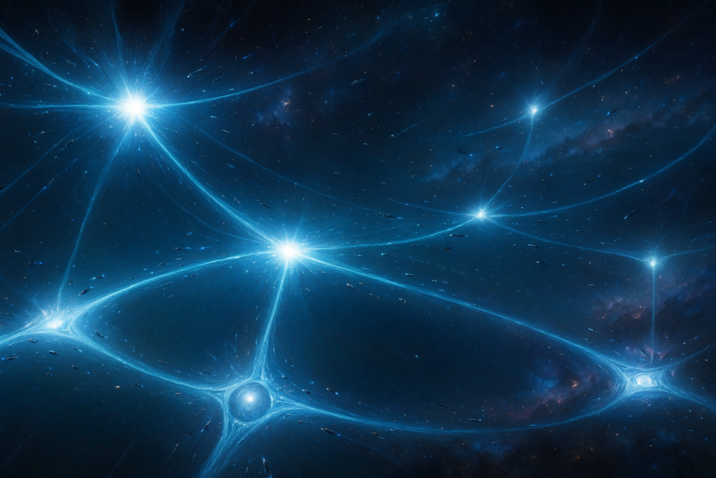 Illustration fictive par IA : l'existence d'un réseau magnétique reliant les étoiles entre elles dans la galaxie et servant d'autoroutes pour les vaisseaux afin qu'ils puissent circuler est représentée ici. Il existe aussi un sous-réseau entre planètes dans un système stellaire, sous la forme d'un vortex engendré par la rotation autour de l'étoile des multiples chemins magnétiques interreliant les corps.