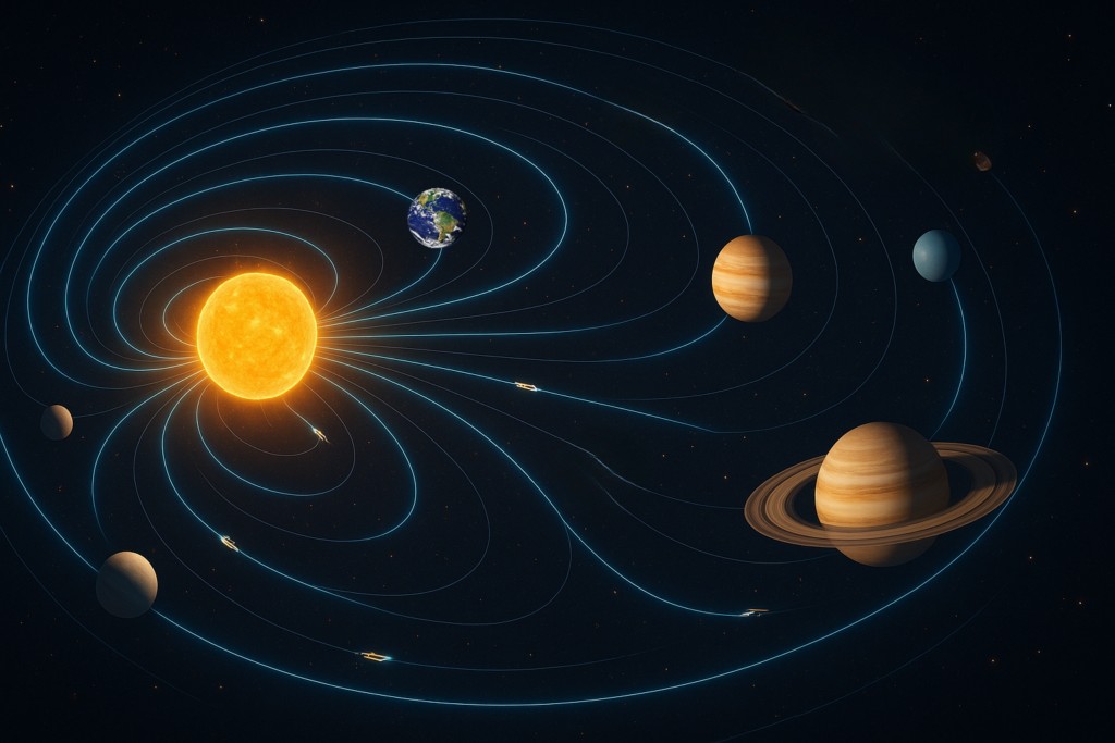 Illustration fictive par IA : les chemins magnétique reliant les planètes entre elles et au Soleil, créent un vortex dans le mouvement de rotation des planètes autour du Soleil. Ce réseau est une autoroute spatiale de circulation par propulsion magnétique entre les mondes.