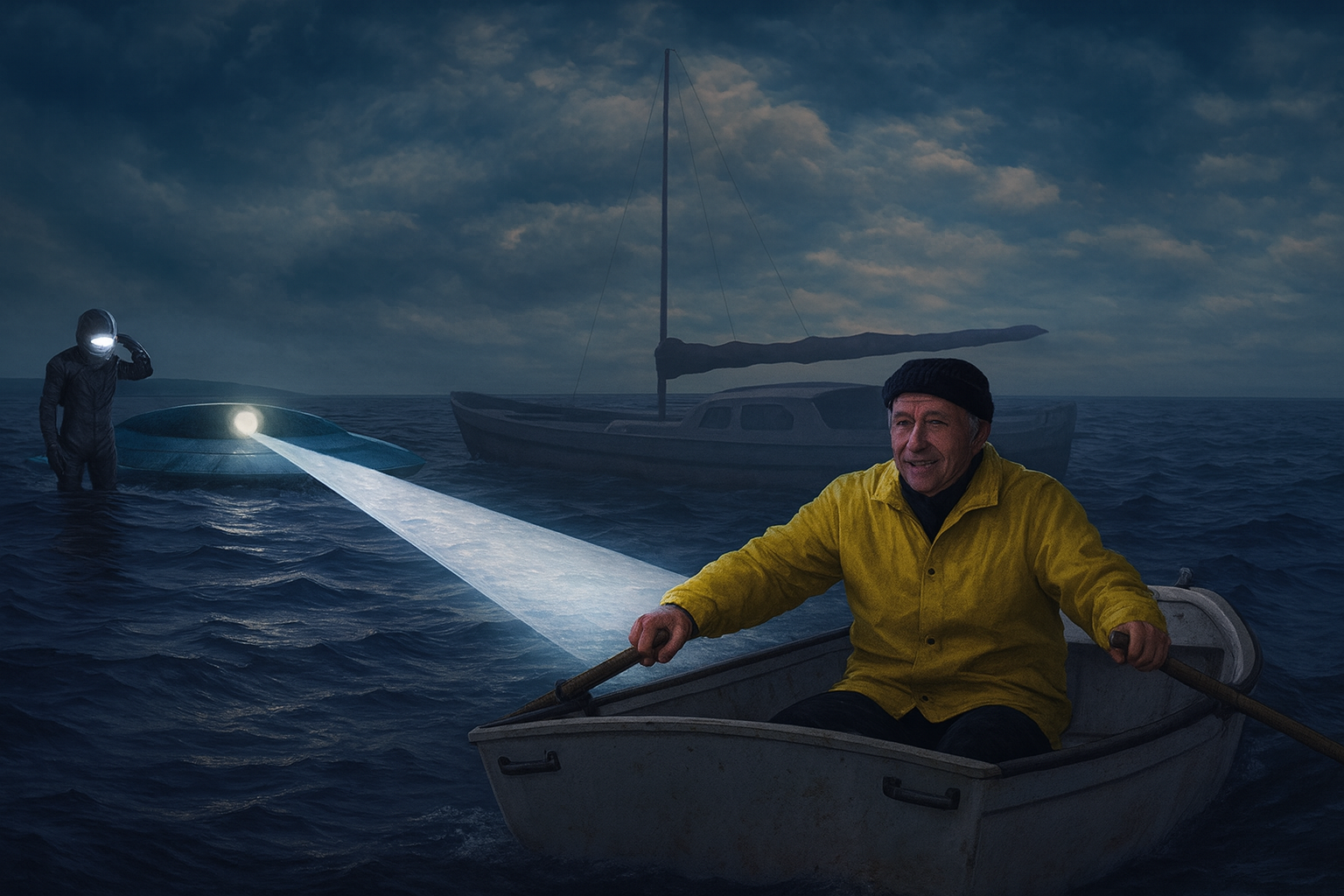 Stefan Denaerde parti en canot depuis son bateau de plaisance pour aller porter secours à un être en combinaison qui flotte sur l'eau qui semble se noyer.