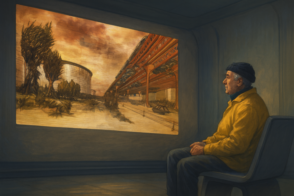 Illustration fictive de Stefan Denaerde dans la salle du vaisseau où les Iargans lui projettent des scènes de leur monde.