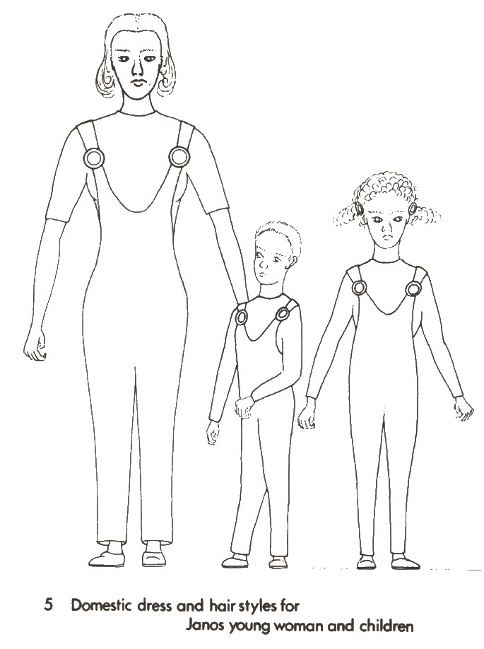 Style de vêtements domestiques et de coiffure des jeunes femmes et des enfants de Janos.