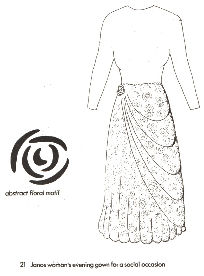 Motif floral abstrait sur la gauche et sur la droite, robe portée par les femmes de Janos pour des occasions spéciales.