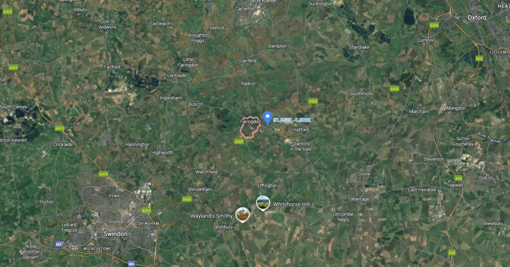 Situation de l’emplacement du contact par rapport aux autres villes mentionnées en Oxfordshire : Faringdon, Oxford, Wantage, Stanford in the Vale.