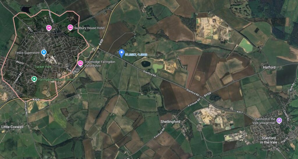 Emplacement du contact entre Stanford in the Vale et Faringdon, Oxfordshire, Angleterre.
