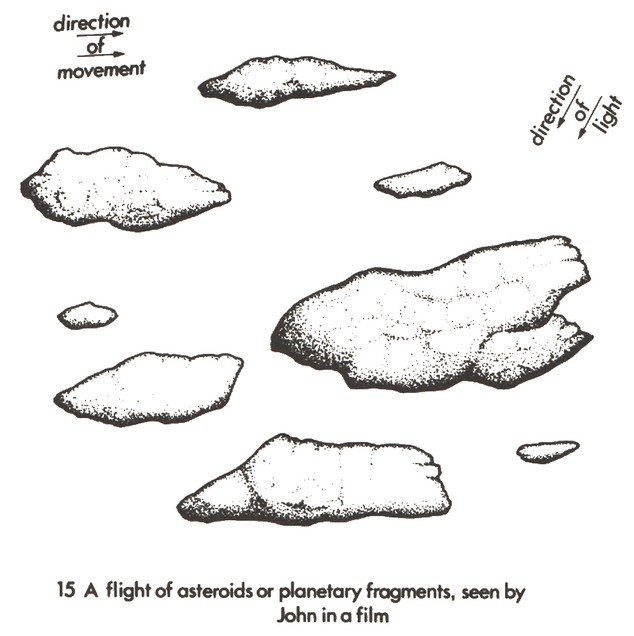 Pluie de rochers tombant sur le sol de Janos vu par les témoins.