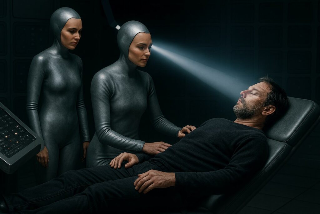 Illustration fictive de John sur le siège inclinable avec les deux femmes de Janos en train de l'examiner.