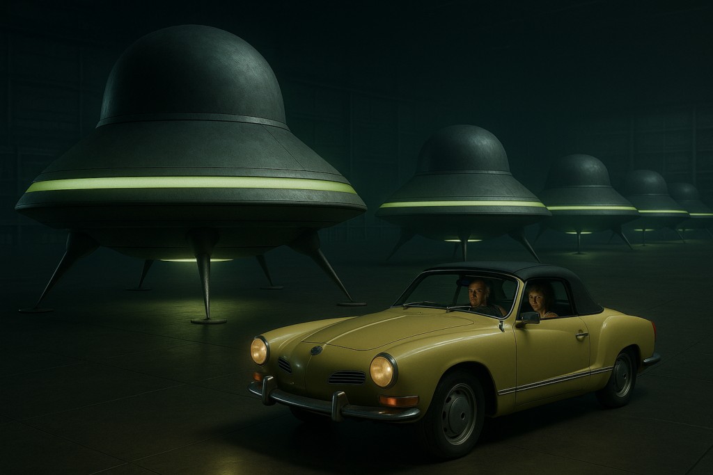 Illustration fictive par IA : Herminio et Bianca dans le hangar du vaisseau-mère.