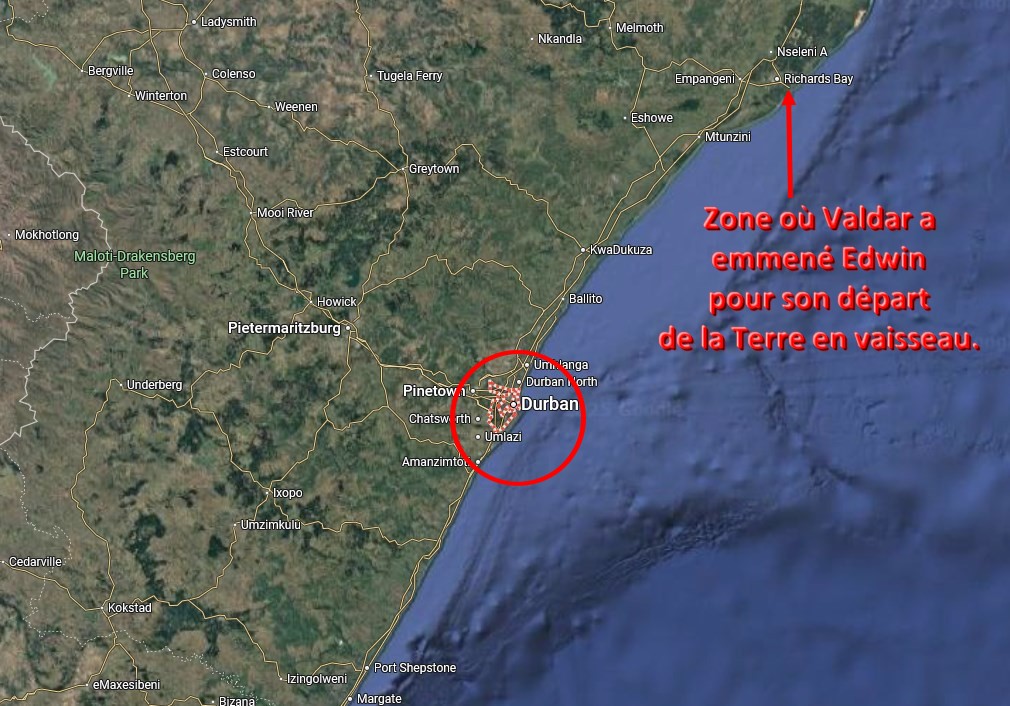 Zoom sur la zone des contacts, près de Durban et plus tard à Richard Bay, Afrique du Sud.
