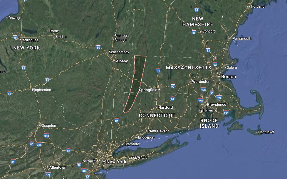 Emplacement de la zone des Birkshires dans le Massachussets, aux USA.