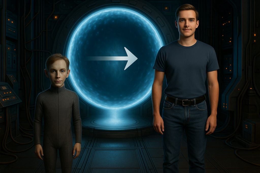 Illustration fictive par IA : un Korendien tékléporte son corps par un portail afin de la relmatérialiser de manière modifiée pour prendre l'apparence indiscernable d'un terrien.