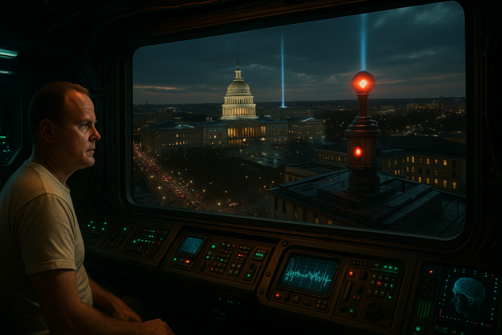 Illustration fictive par IA : Bob Renaud observe depuis un écran de contôle du vaisseau le dépôt des psychosondes à Washington.