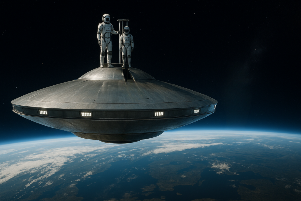 Illustration fictive par IA de la sortie en scaphandre sur le toit du vaisseau dans l'espace en orbite.