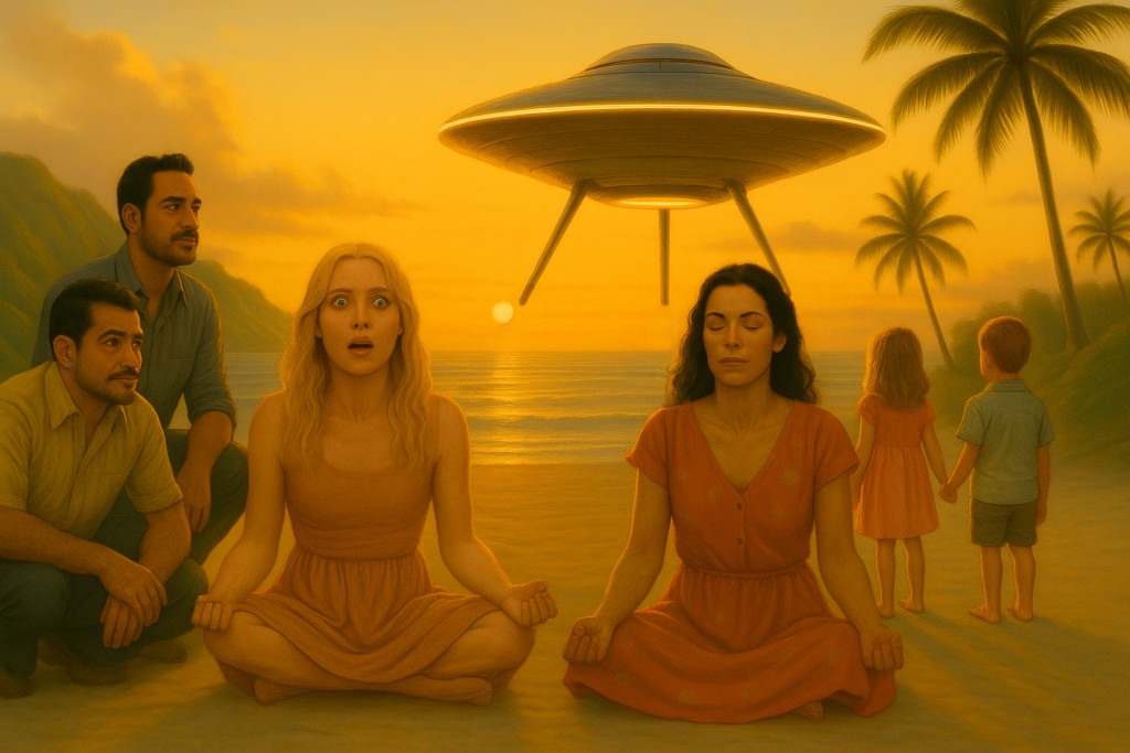 Image illustrative générée par IA : Roseline, Monique, Carlos, John, et les deux enfants Marta (6 ans) et Pedro (4 ans) attendent que Pedro les récupère. Monique et Roseline sont assises en position de lotus de type Yoga. Un engin en forme de soucoupe volante arrive avec un fort bruit dans le ciel, semblant en chute vers l'eau.