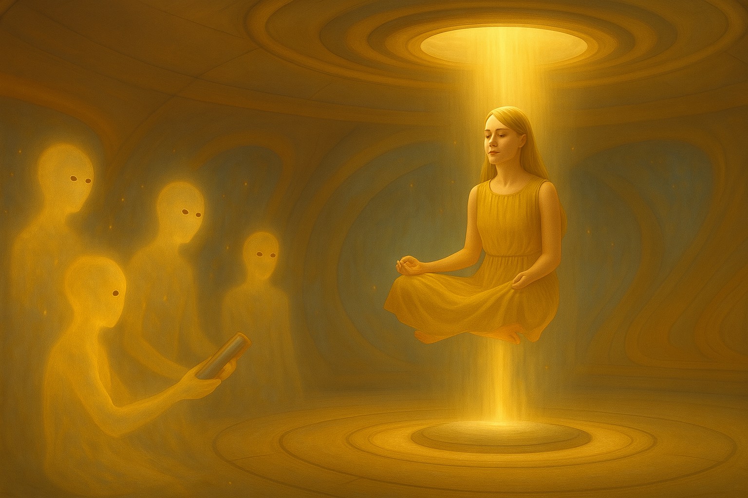 Image illustrative générée par IA : Roseline est dans le vaisseau, dans un faisceau de particules dorées. Des êtres semi translucides sont là avec une forme vaguement humanoïde.