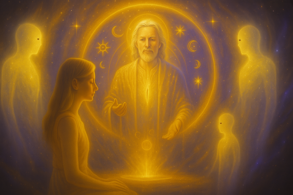 Image illustrative générée par IA : le mage Nové de Hermaton délivre un ultime message à Roseline.