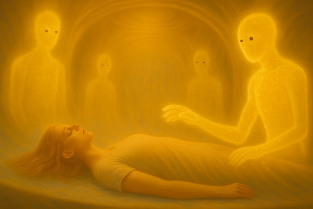 Image illustrative générée par IA : Roseline voit les êtres faits de particules brillantes et lumineux avec une forme humanoïde non définie.