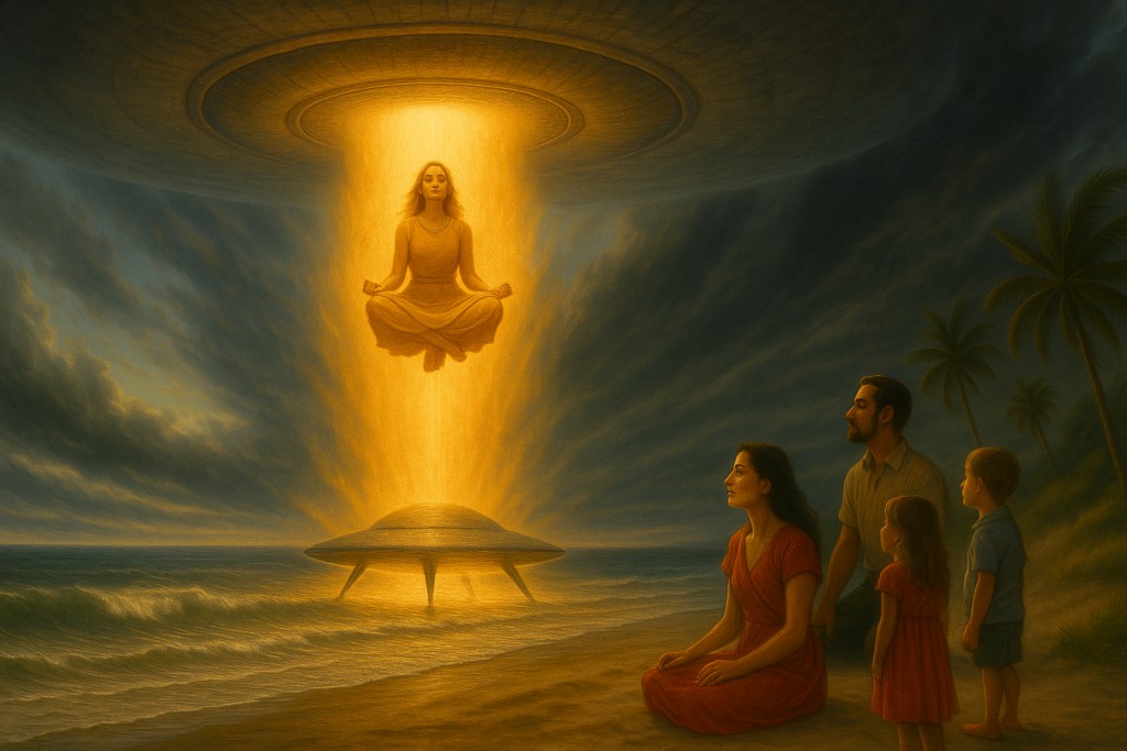 Image illustrative générée par IA : Roseline est emportée dans le faisceau lumineux du gros vaisseau qui fait venir à lui le petit vaiseau échoué, chacun reste figé.