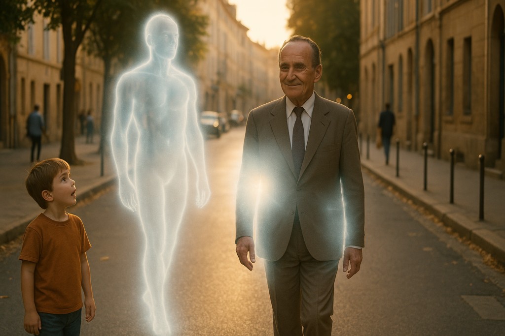 Illustration fictive par IA : Pierre Monnet vit une expérience de sortie de sa conscience hors du corps pendant qu'il marche en ville. Seul un enfant voit le phénomène, voit son corps d'énergie détaché de son corps physique.