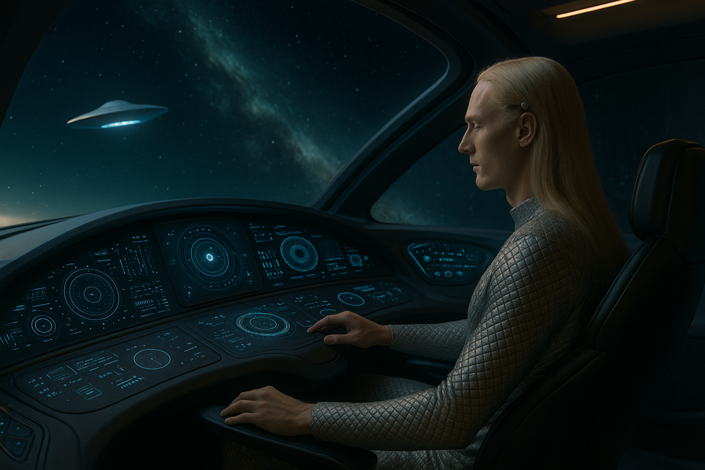 Illustration fictive par IA : pilotage d'un vaisseau de Silxtra par un dispositif lisant les pensées, posé sur la temps du pilote.