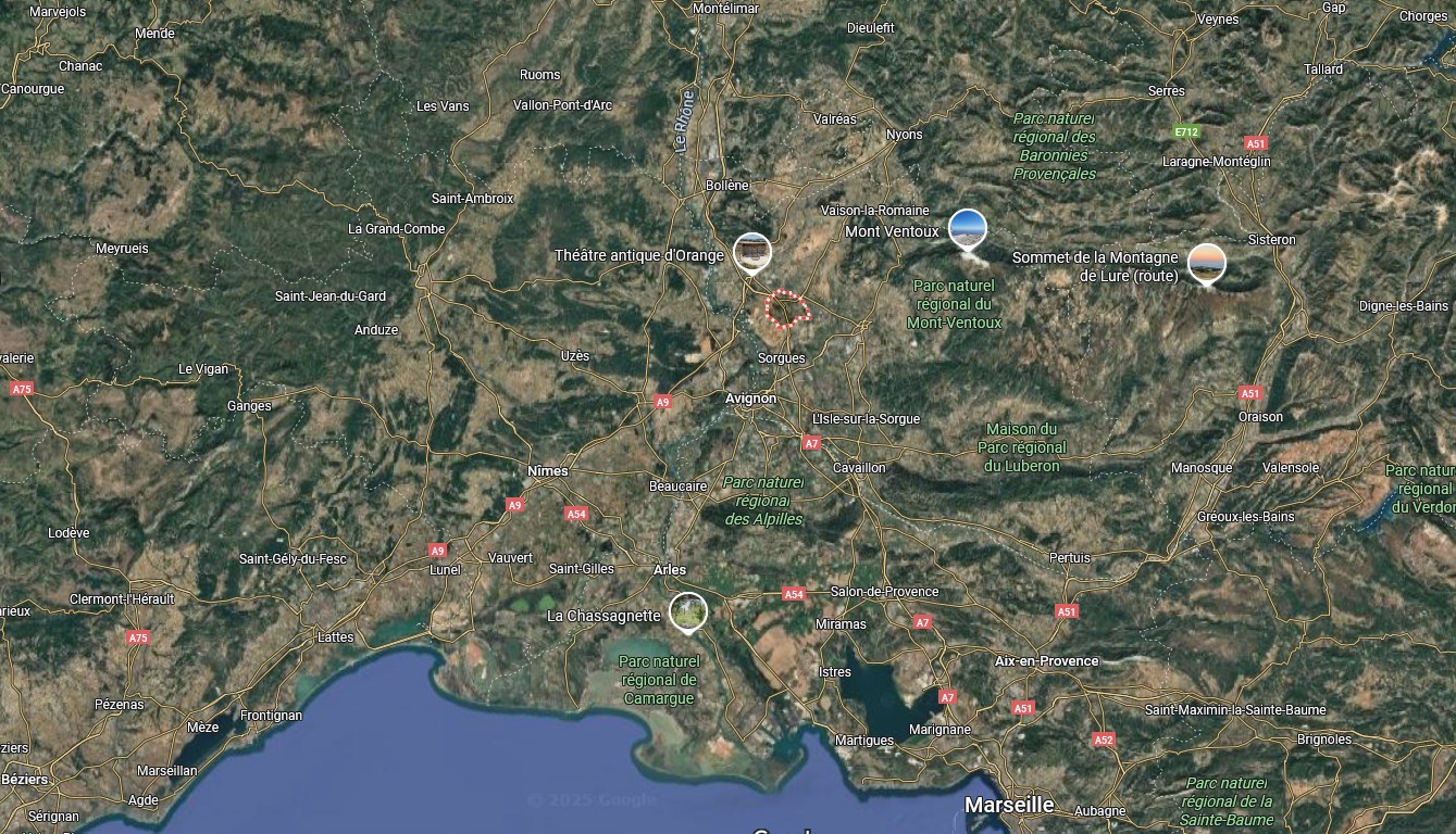 Situation géographique de Courthézon et Orange où allait Pierre Monnet à vélo, en France.