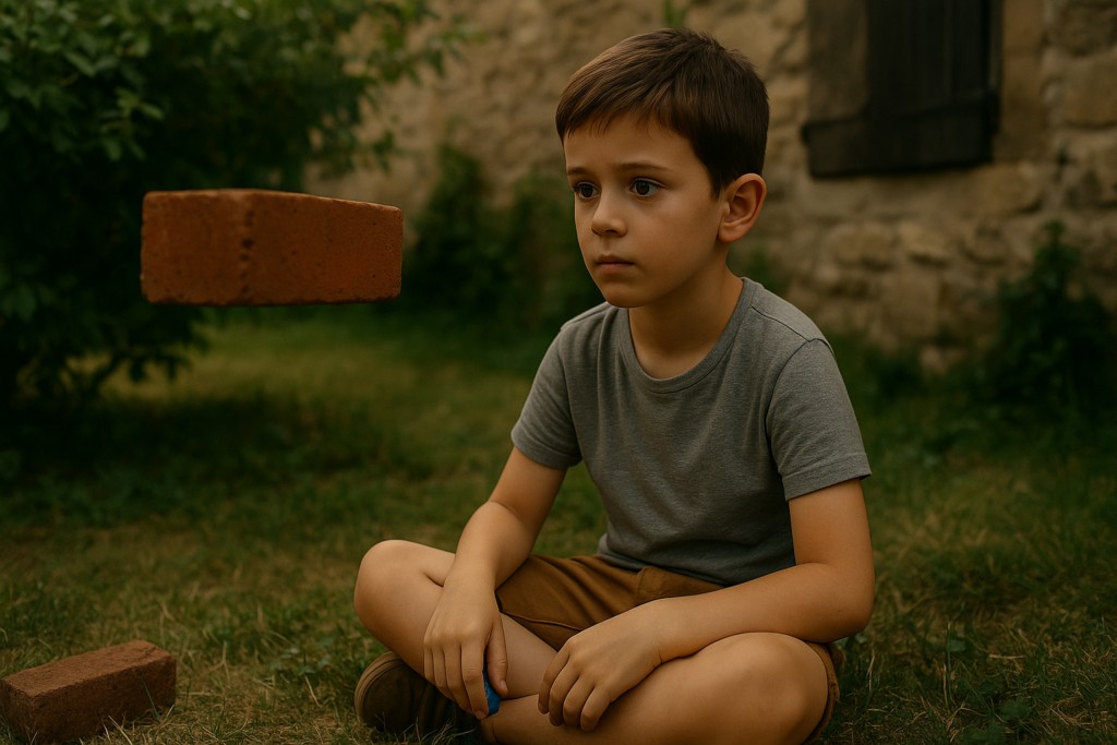 Illustration fictive par IA : Pierre Monnet enfant voit une brique de son jardin léviter seule, puis se reposer ensuite.