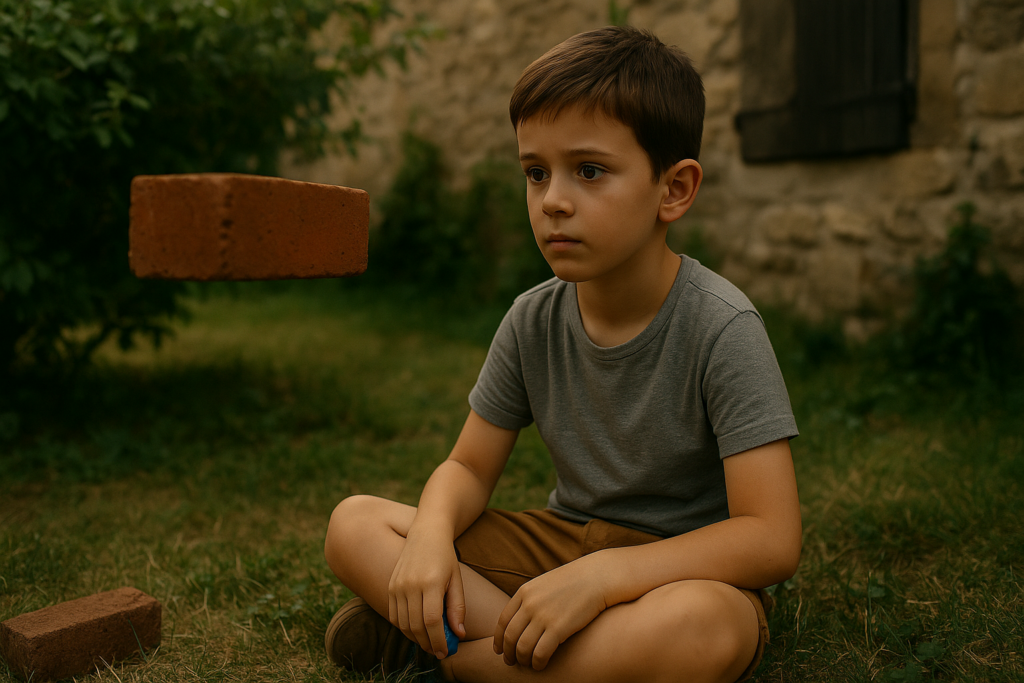 Illustration fictive par IA : Pierre Monnet enfant voit une brique de son jardin léviter seule, puis se reposer ensuite.