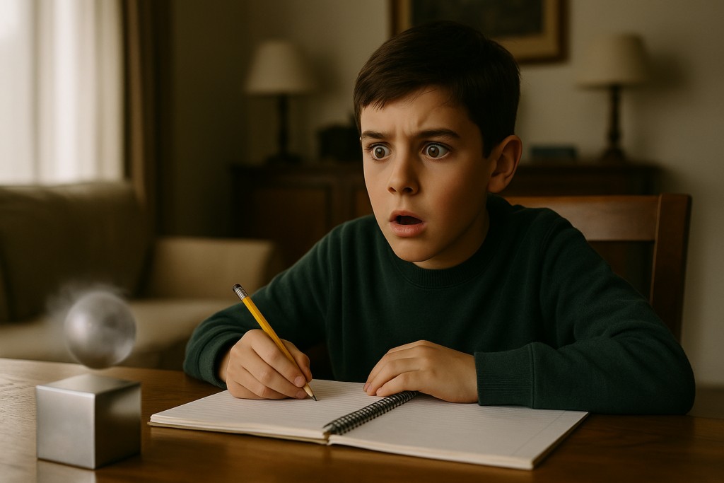 Illustration fictive par IA : Pierre Monnet enfant voit d'abord une sphère métallique, puis un cube métallique apparaître et se dématérialiser sous ses yeux, pendant qu'il fait ses devoirs.