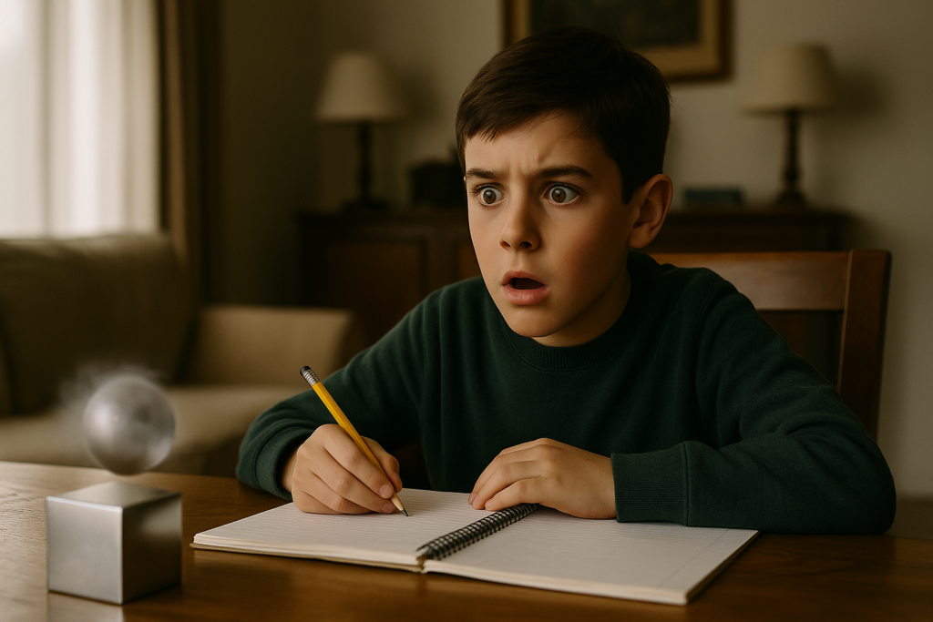 Illustration fictive par IA : Pierre Monnet enfant voit d'abord une sphère métallique, puis un cube métallique apparaître et se dématérialiser sous ses yeux, pendant qu'il fait ses devoirs.