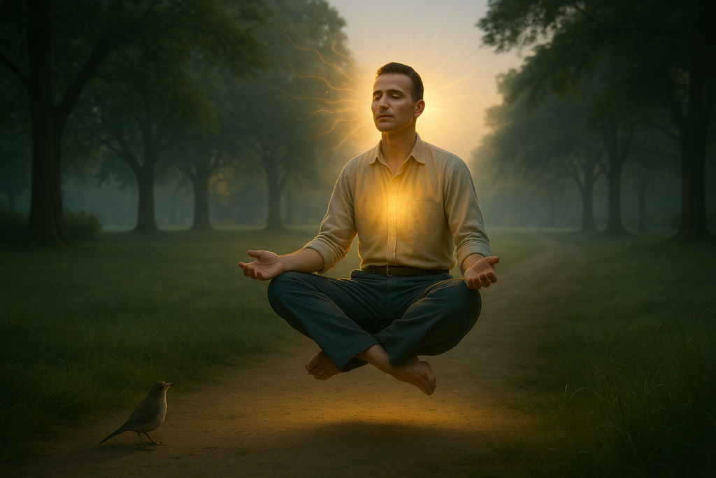 Illustration fictive par IA : Pierre Monnet vivant une expérience mystique de connexion au divin, en lévitation dans le parc de son enfance.