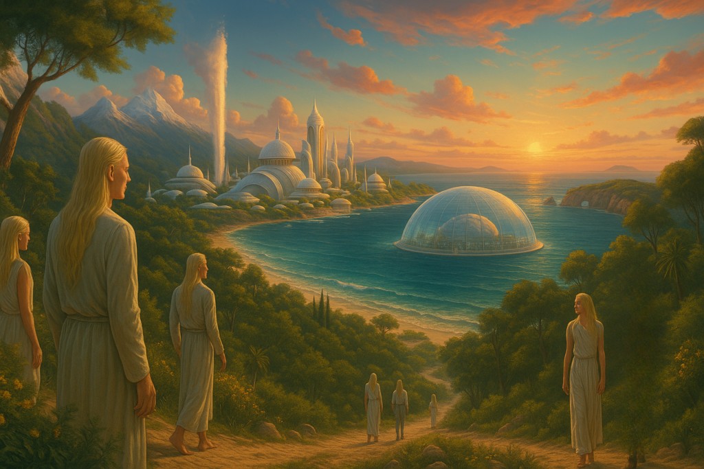 Illustration fictive par IA : ville sur Silxtra, y compris sous-marine.