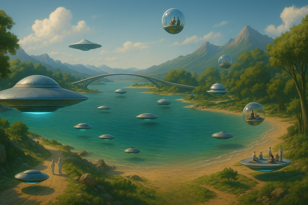 Illustration fictive par IA : paysage sur Silxtra avec sphères volantes, ponts courbés sans piliers.