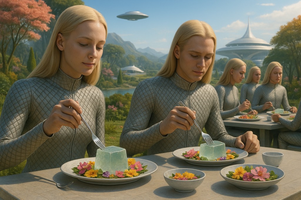 Illustration fictive par IA : alimentation des habitants de  Silxtra.
