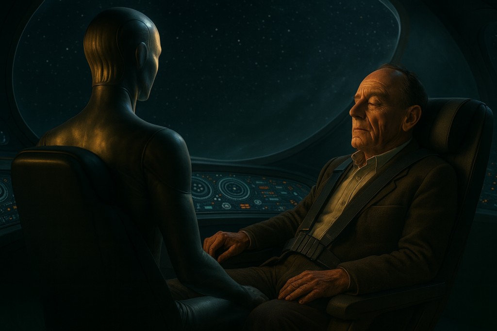 Illustration fictive par IA : la connexion télépathique sensorielle complète de Pierre Monnet avec un pilote de vaisseau Végan, lors de son expérience.