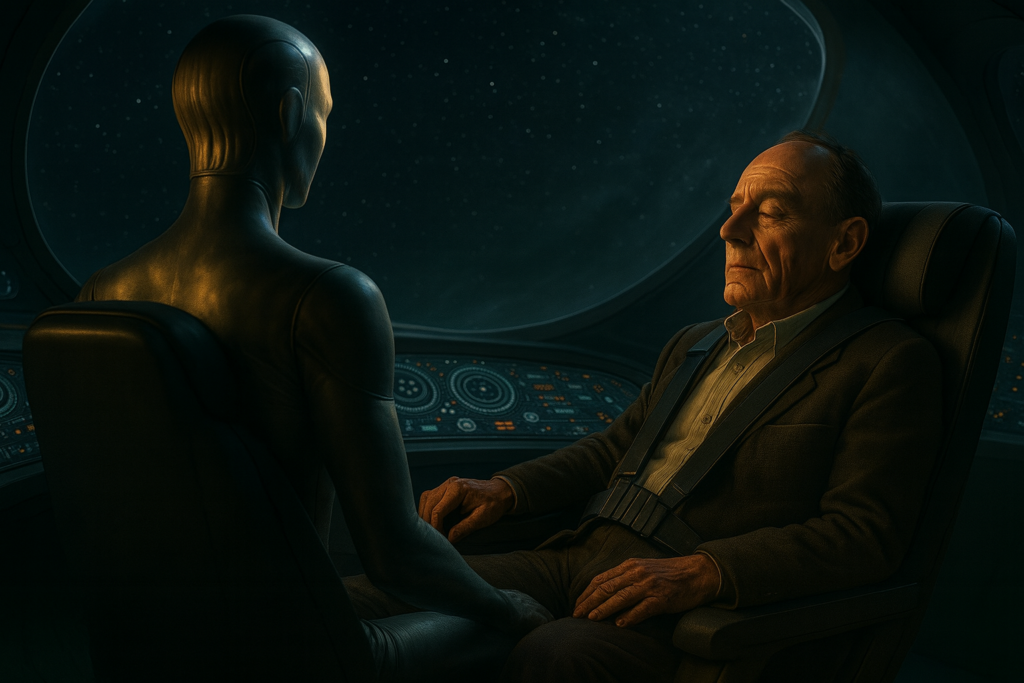 Illustration fictive par IA : la connexion télépathique sensorielle complète de Pierre Monnet avec un pilote de vaisseau Végan, lors de son expérience.
