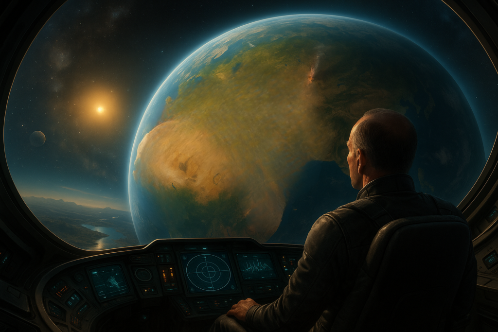Illustration fictive par IA : Pierre Monnet arrive en vue de Silxtra dans sa connexion sensorielle complète avec un pilote de vaisseau Végan, lors de son expérience.