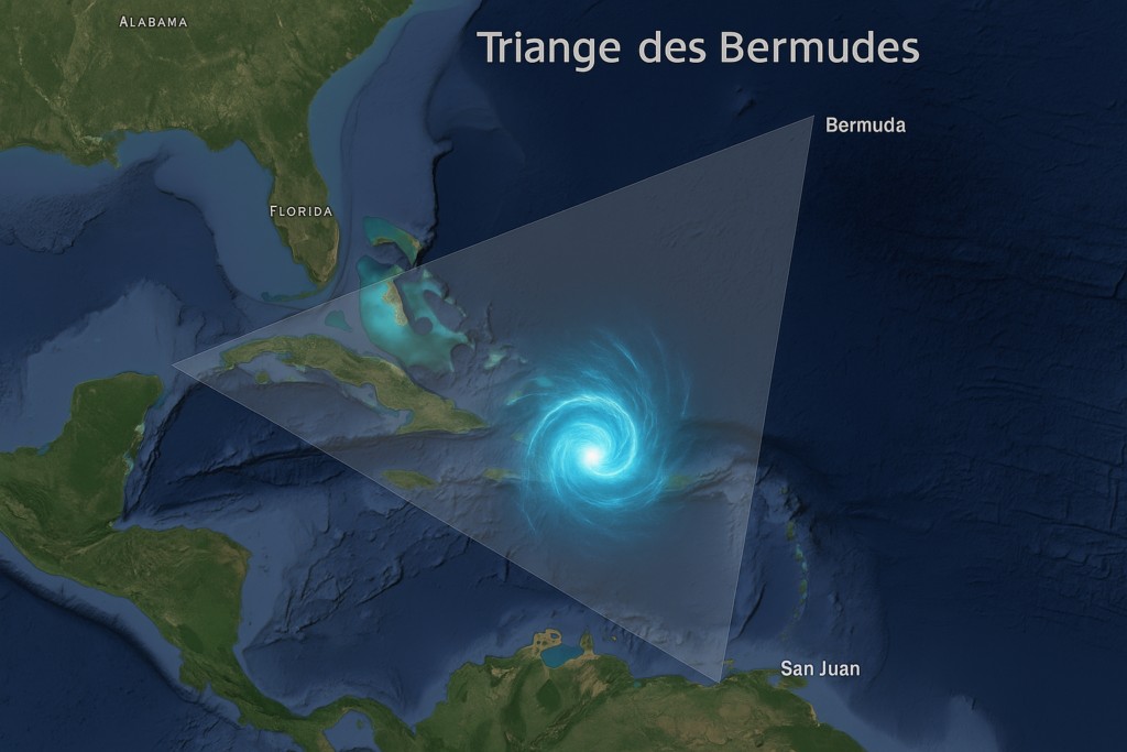 Illustration fictive par IA : le triangle des Bermudes avec une activité magnétique anormale au centre, mémoire d'un ancien pole magnétique, qui provoque des perturbations de l'espace-temps.