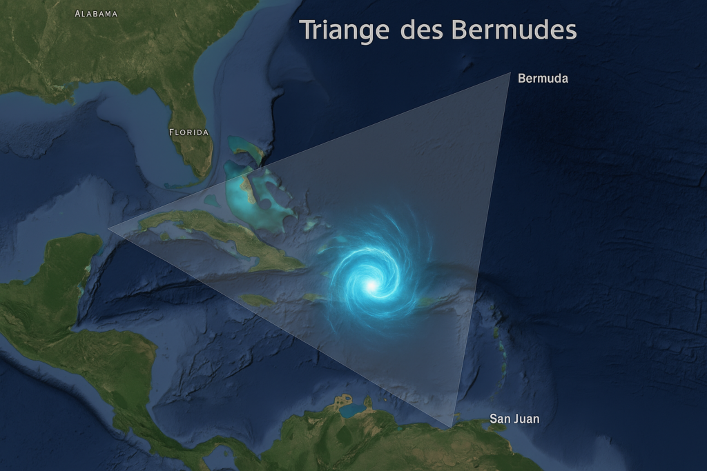 Illustration fictive par IA : le triangle des Bermudes avec une activité magnétique anormale au centre, mémoire d'un ancien pole magnétique, qui provoque des perturbations de l'espace-temps.